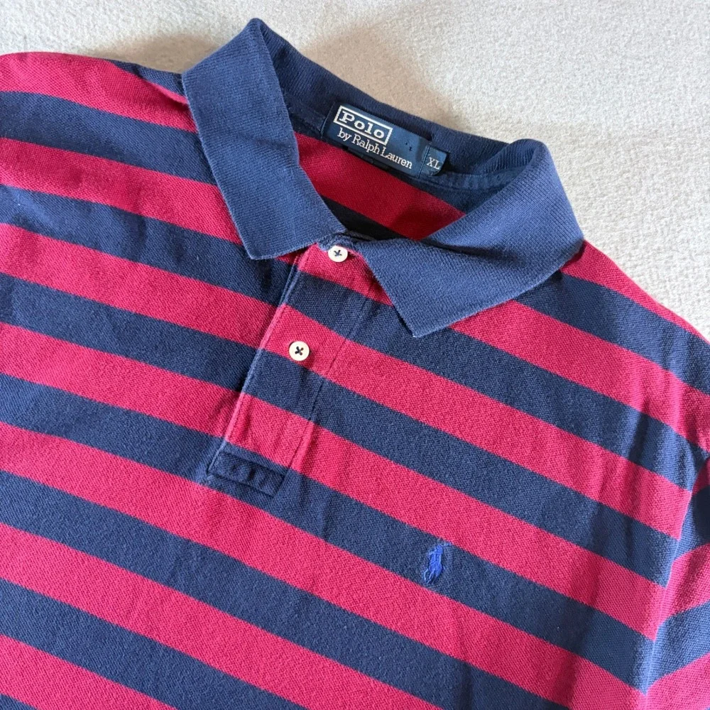 Polo Ralph Lauren Mens XL Blue Red Striped Short Sleeve Pique Polo Shirt